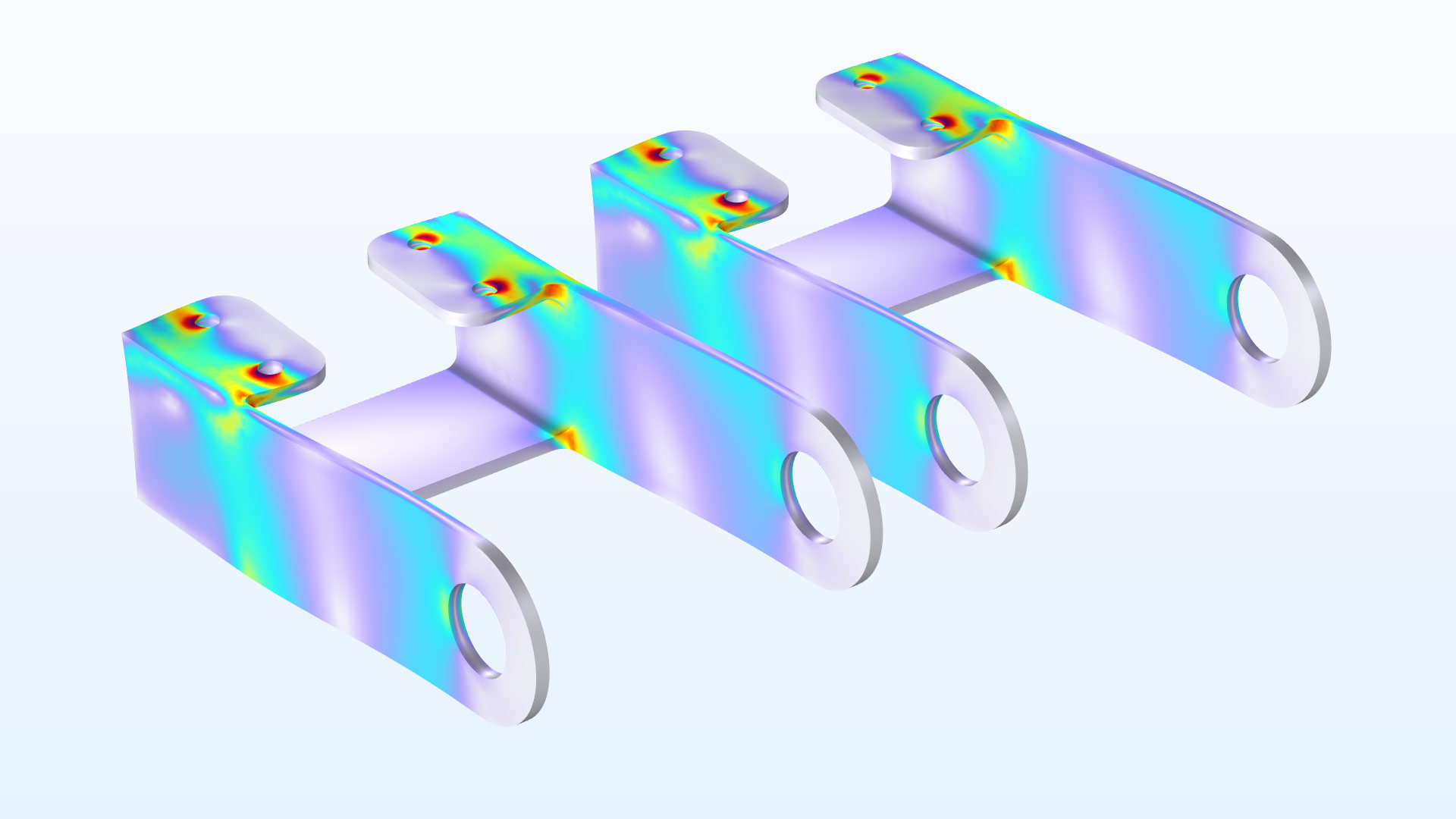 两个支架模型，其中以 Prism 颜色表显示应力。