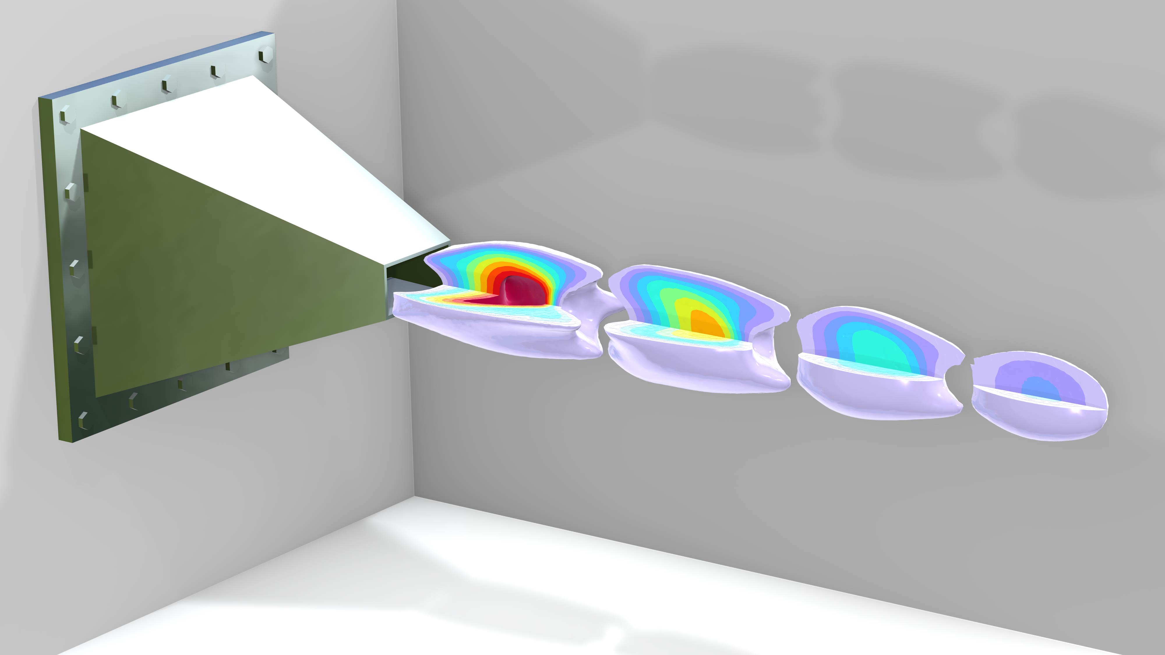 喷嘴模型，其中以 Prism 颜色表显示等值面图。