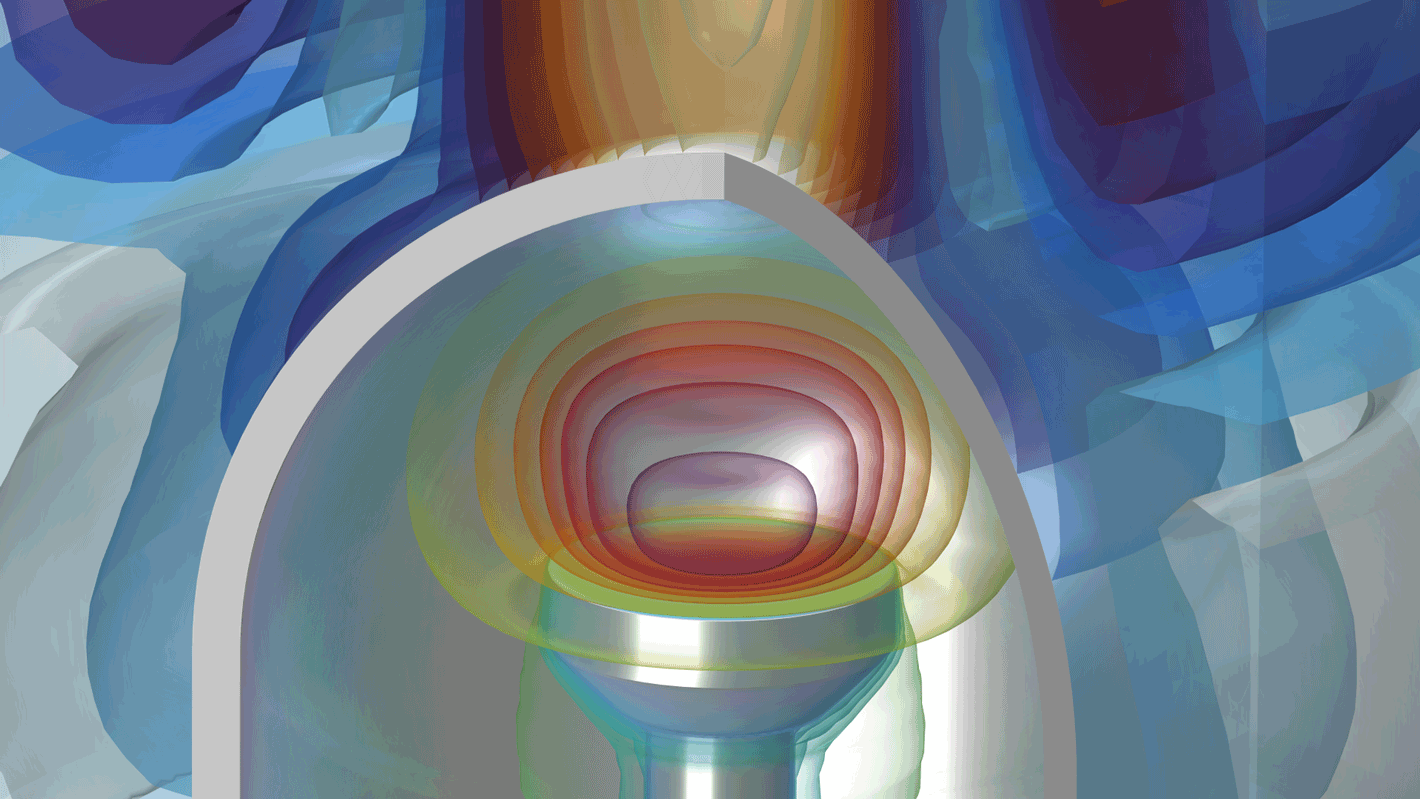 等离子体反应器模型的特写视图，其中以 Thermal Wave 颜色表显示等值面。