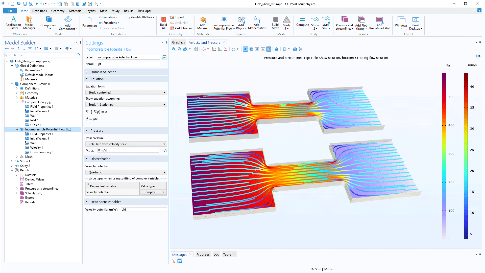 COMSOL Multiphysics 用户界面，显示了“模型开发器”，其中突出显示“不可压缩势流”节点，并显示其对应的“设置”窗口；“图形”窗口中显示 Hele-Shaw 模型。