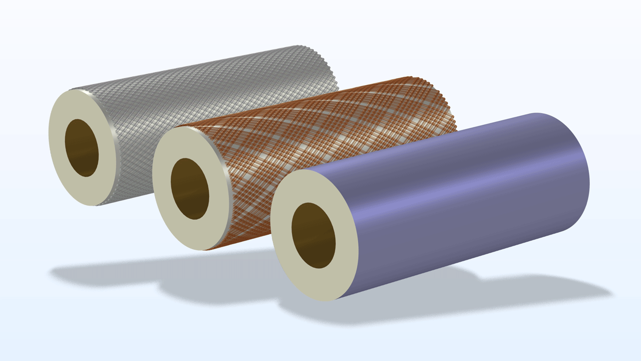 三个线轴模型，显示不同程度的编织电缆屏蔽效应。