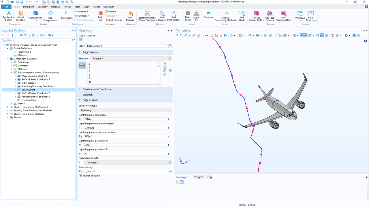 COMSOL Multiphysics 用户界面，显示了“模型开发器”，其中突出显示“边电流”节点，并显示其对应的“设置”窗口；“图形”窗口中显示飞机模型。