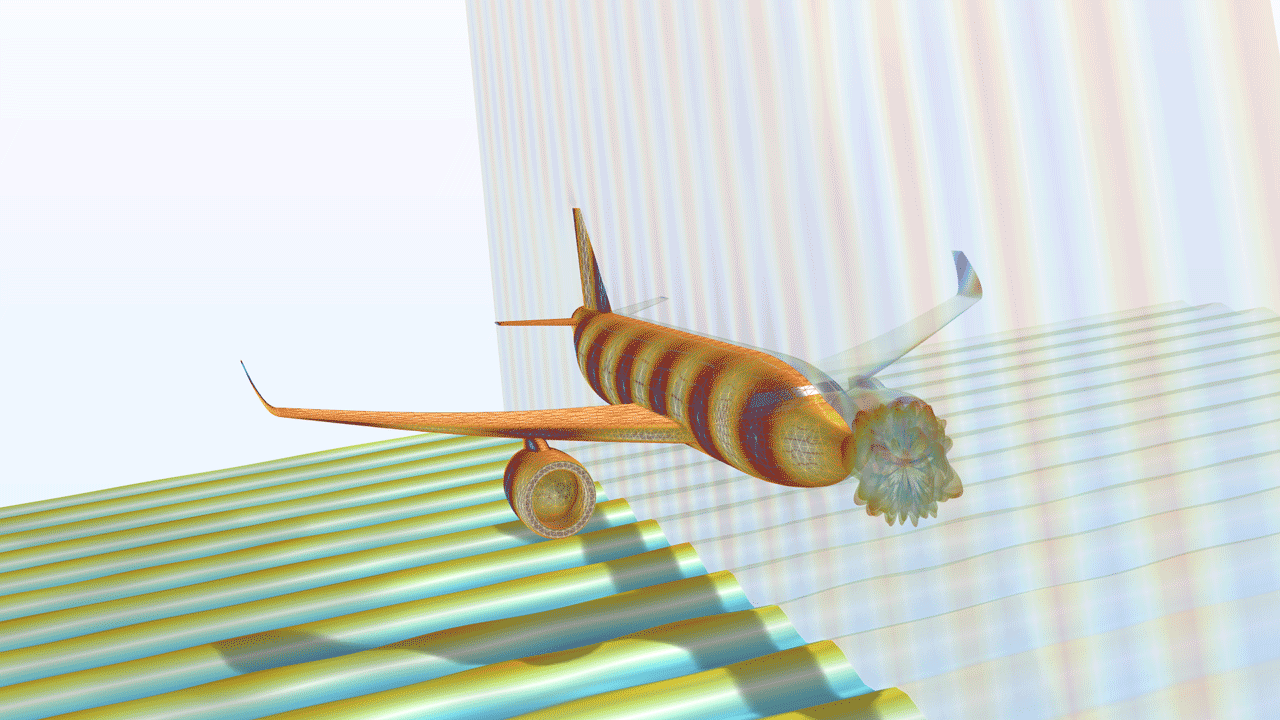 飞机模型，其中以 Thermal Wave 颜色表显示双基地雷达散射截面。