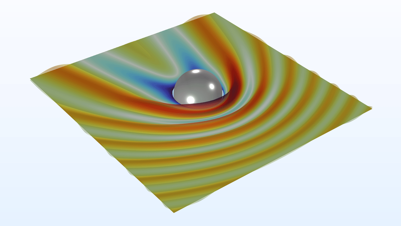 一个金属球模型，其中以 Thermal Wave 颜色表显示入射波的电场。