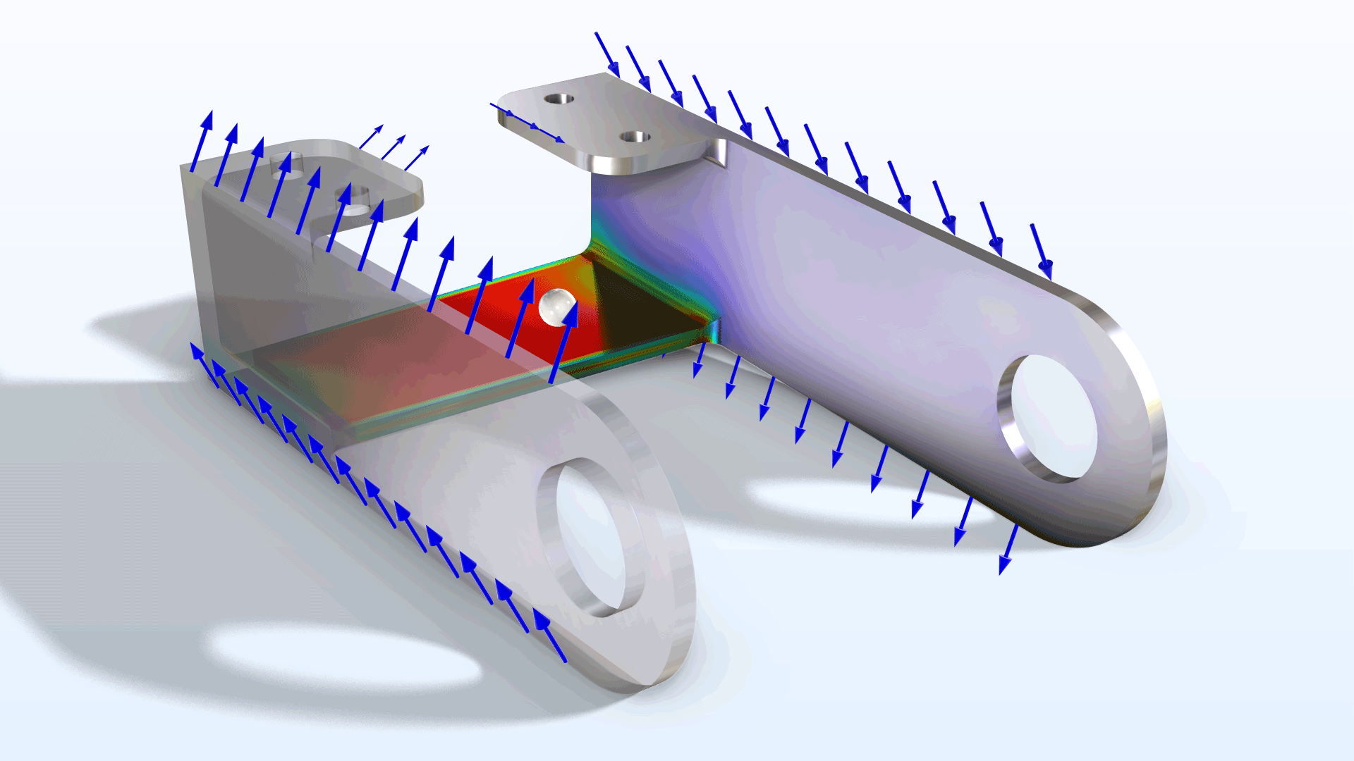 支架模型，其中以 Prism 颜色表显示应力，以蓝色箭头显示加速度场。