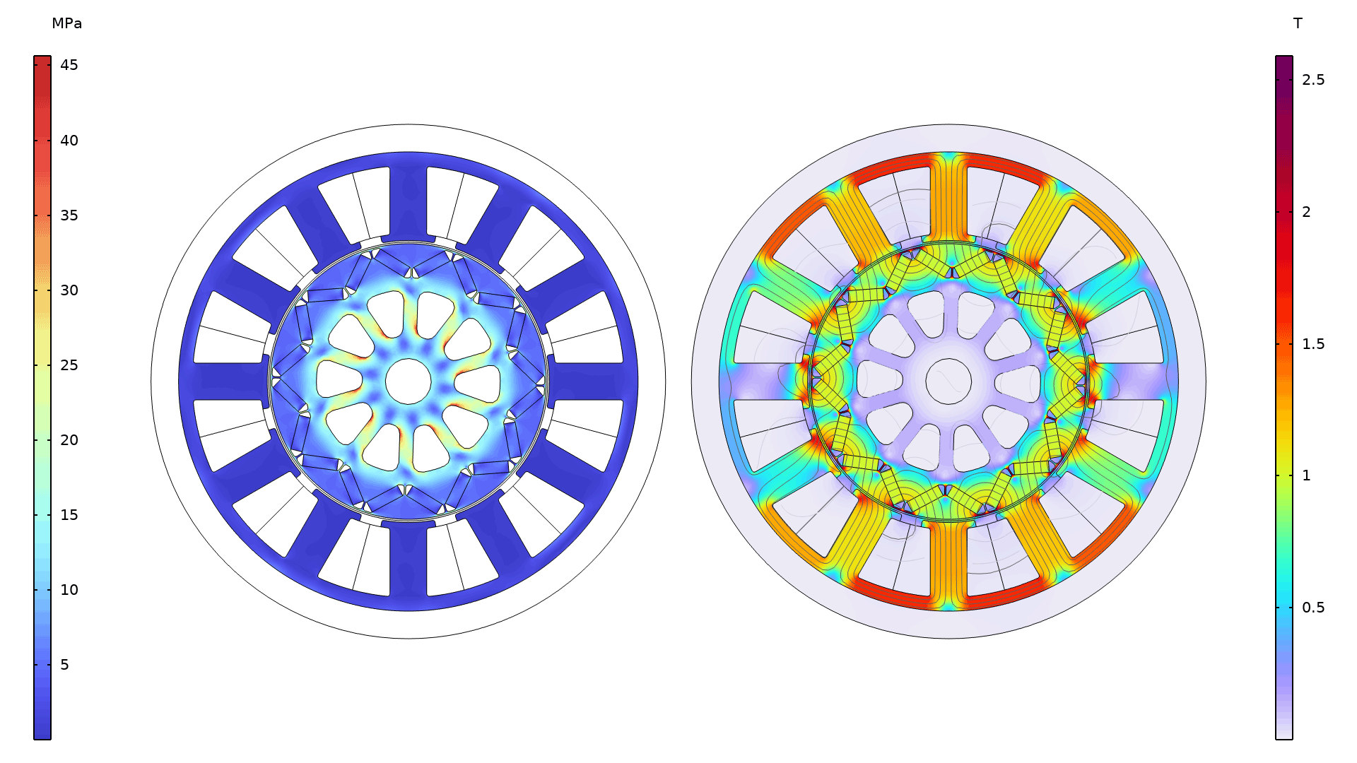 两个电机模型，左侧模型显示应力，右侧模型显示磁场。