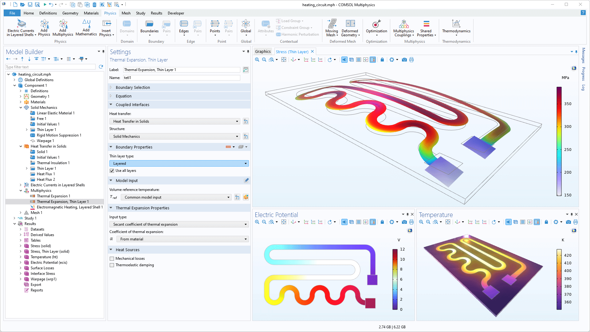 COMSOL Multiphysics 用户界面，显示“模型开发器”，其中突出显示了“热膨胀，薄层”节点，并显示其对应的“设置”窗口；三个“图形”窗口显示加热电路模型。