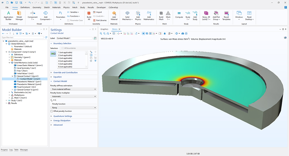 COMSOL Multiphysics 用户界面,显示了“模型开发器”,其中突出显示“接触模型”节点,并显示其对应的“设置”窗口;“图形”窗口中显示压电阀模型。