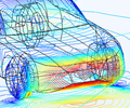 A car model wireframe with fluid flow shown in rainbow.