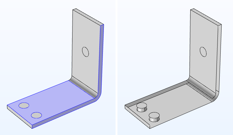 Side-by-side images of a bracket model before and after applying the Hide for Geometry feature.