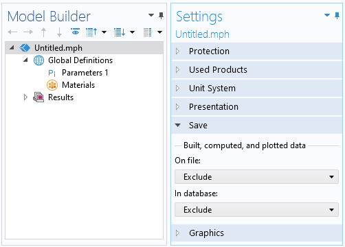 A closeup view of the Model Builder with the Root node highlighted and the corresponding Settings window