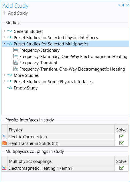 A screenshot of the list of COMSOL Multiphysics studies, with the multiphysics studies list expanded to show different frequency-stationary and frequency-transient options.