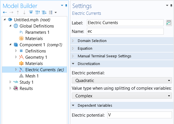 A screenshot of the Settings window for the Electric Currents interface, with the Discretization section expanded.