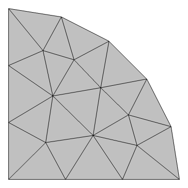 An image of a semicircular domain that has been meshed using a linear Lagrange geometry shape function.
