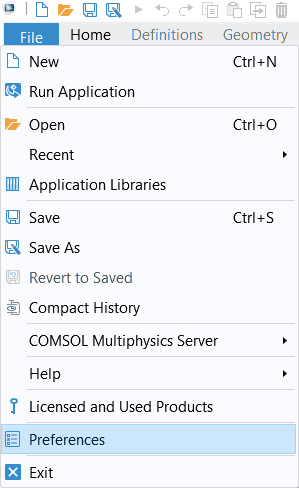 The File menu in COMSOL Multiphysics with the Preferences option selected.