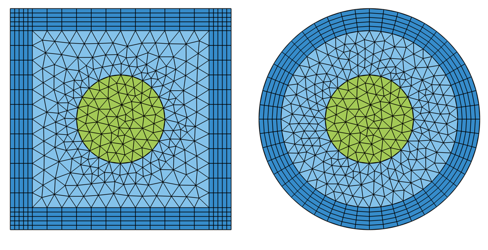 Side-by-side images showing the mesh for Infinite Element and Perfectly Matched Layer domains in 2D Cartesian and cylindrical models.