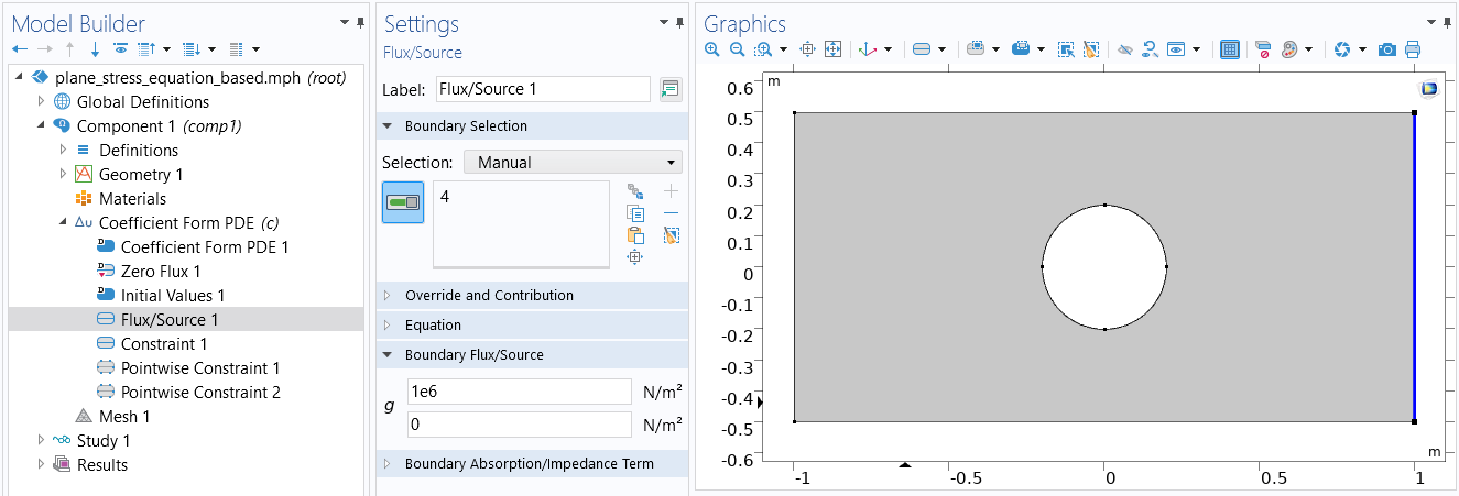 The COMSOL Multiphysics UI showing the Model Builder with the Flux/Source boundary condition selected, the corresponding Settings window with the Boundary Flux/Source section expanded, and the Graphics window showing the rectangular plate.