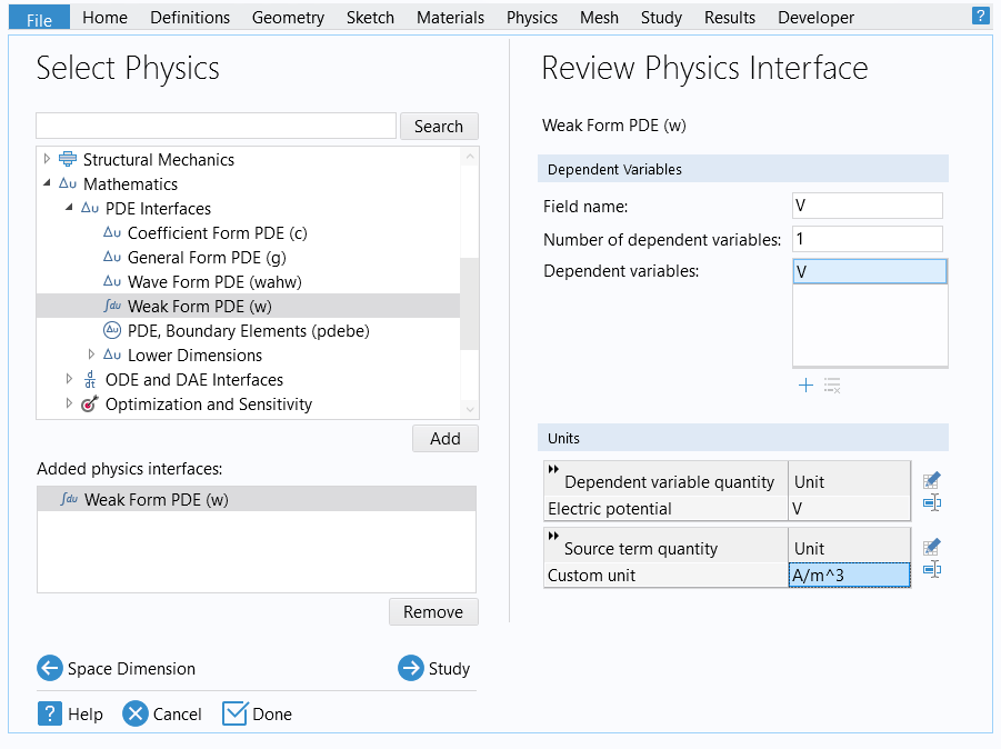 The Select Physics with the Weak Form PDE interface selected and the corresponding Review Physics Interface window.