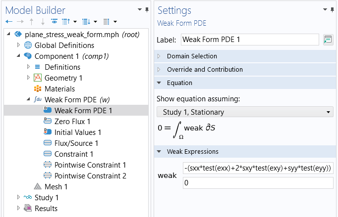 The Model Builder with the Weak Form PDE node selected and the corresponding Settings window.