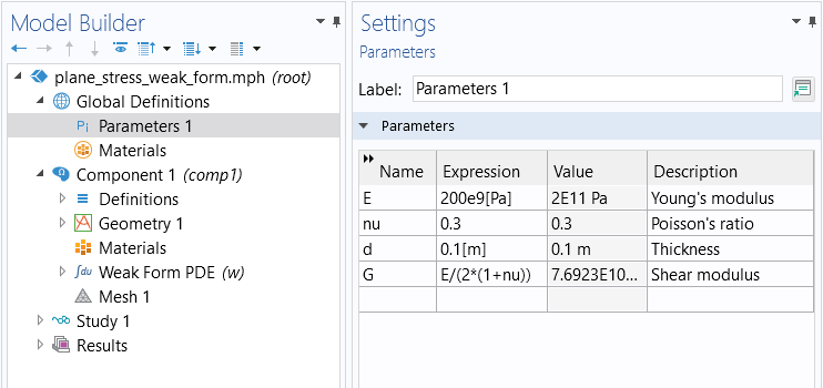 The Model Builder with the Parameters node selected and the corresponding Settings window showing the parameter names, expressions, values, and descriptions.