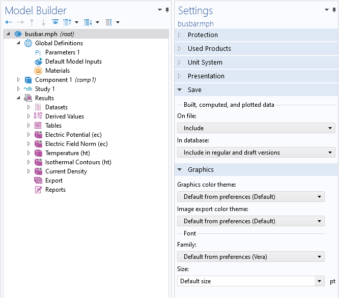 The Model Builder with the root node selected and the Settings window with the Save and Graphics section expanded, showing the options for the Built, computed, and plotted data feature and the options for the color theme and font.