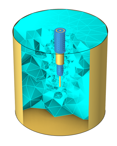 A cylinder metallic cavity model outlined in yellow, with a coaxial probe inside as well as blue lossy dielectric material.