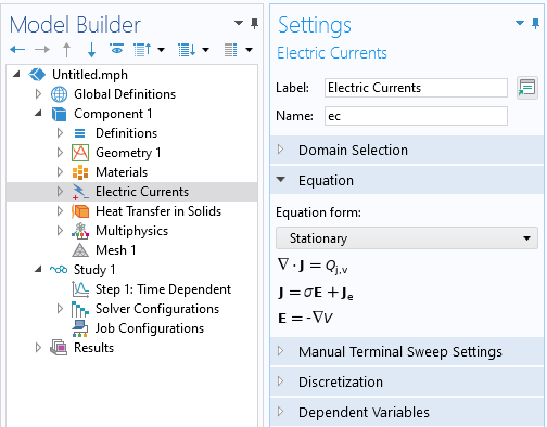 The Model Builder with the Electric Currents feature selected and the corresponding Settings window with the Equation form option set to Stationary.