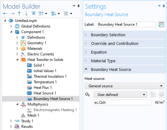 The Model Builder with the Boundary Heat Source feature selected and the corresponding Settings window showing the heat source settings.