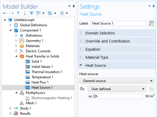 The Model Builder with the Heat Source domain feature selected and the feature's Settings window.