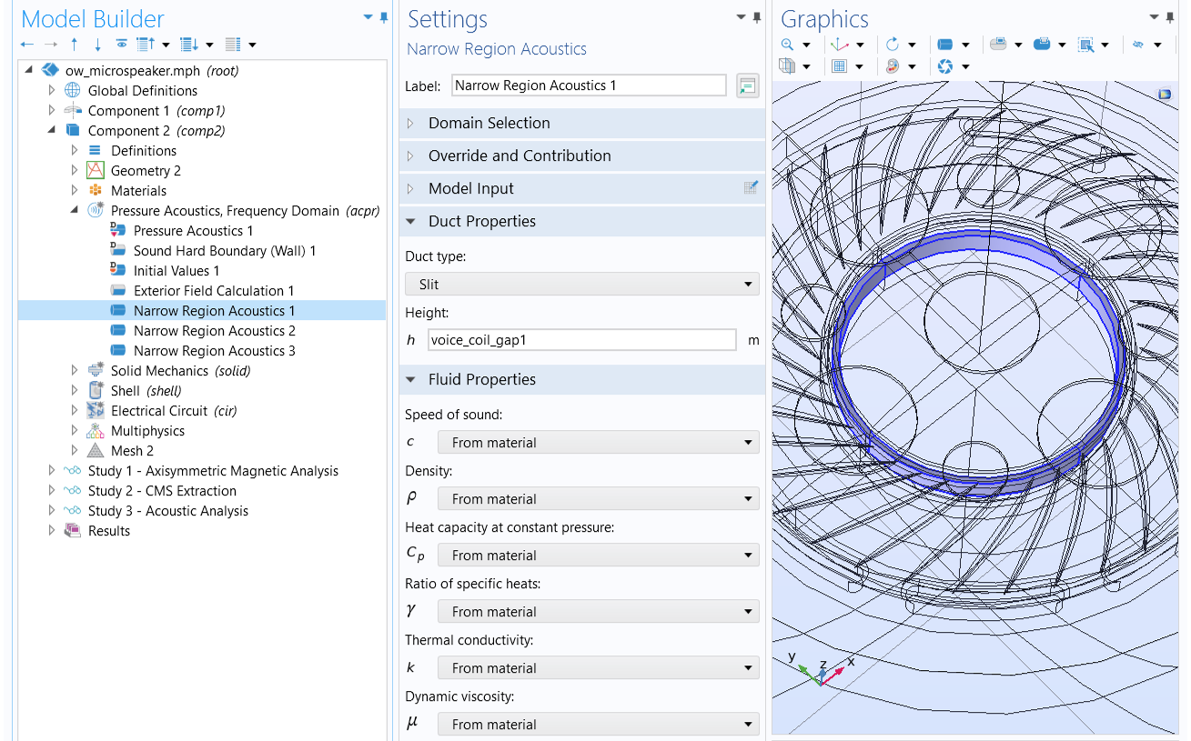 The COMSOL Multiphysics UI showing the Model Builder with the Narrow Region Acoustics feature selected, the corresponding Settings window, and the Graphics window showing the OW microspeaker example.