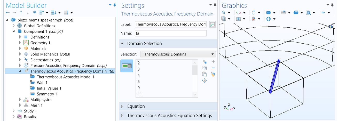 The COMSOL Multiphysics UI showing the Model Builder with the Thermoviscous Acoustics, Frequency Domain feature selected, the corresponding Settings window, and the Graphics window showing the piezoelectric MEMS speaker example.