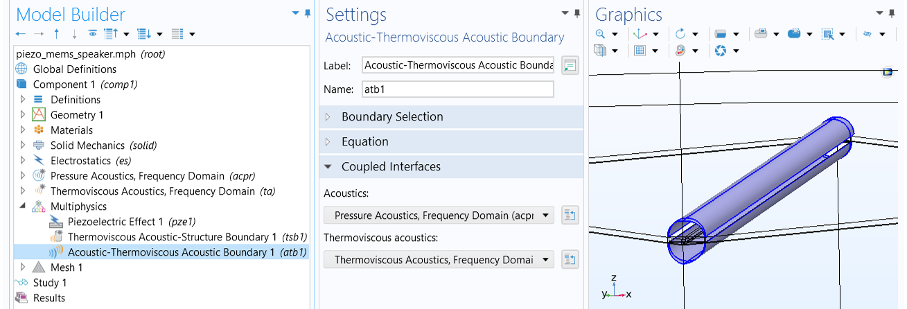 The COMSOL Multiphysics UI showing the Model Builder with the Acoustic-Thermoviscous Acoustic Boundary feature selected, the corresponding Settings window showing the coupled interface, and the Graphics window showing the piezoelectric MEMS speaker example.
