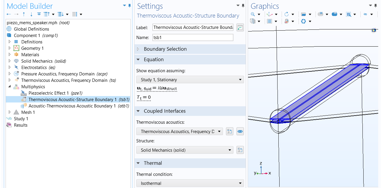 The COMSOL Multiphysics UI showing the Model Builder with the Thermoviscous Acoustic-Structure Boundary feature selected, the corresponding Settings window showing the coupled interfaces, and the Graphics window showing flattened geometry in the piezoelectric MEMS speaker example.
