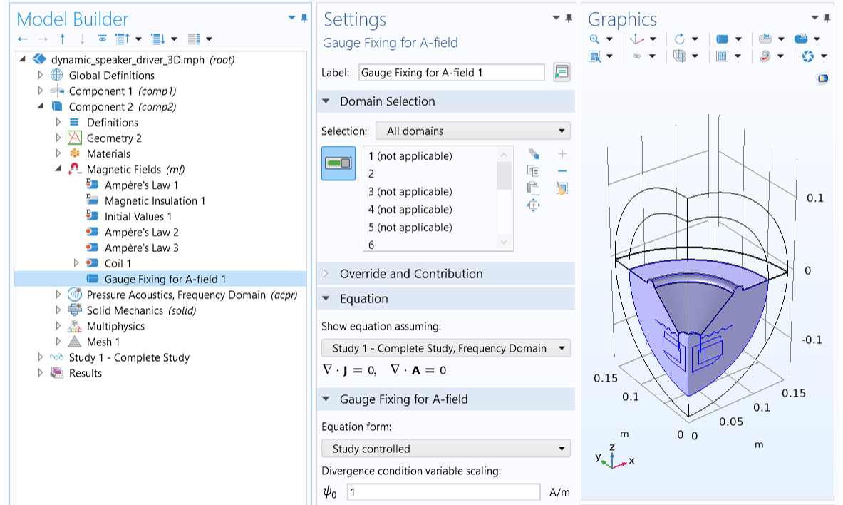 The COMSOL Multiphysics UI showing the Model Builder with the Gauge Fixing for A-field feature selected, the corresponding Settings window, and the Graphics window showing a magnetic model.
