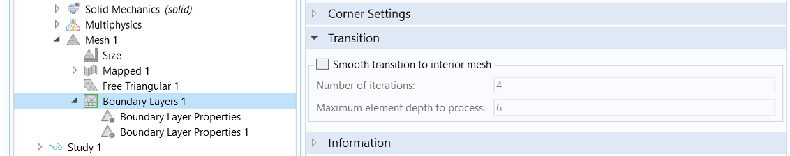 A close-up of the Boundary Layers feature selected in the Model Builder and the Transition section of the corresponding Settings window.