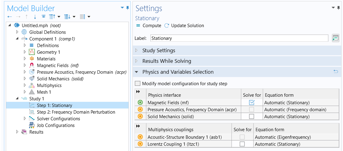 The Model Builder with the Stationary study selected and the corresponding Settings window showing the tables in the Physics and Variables Selection section.