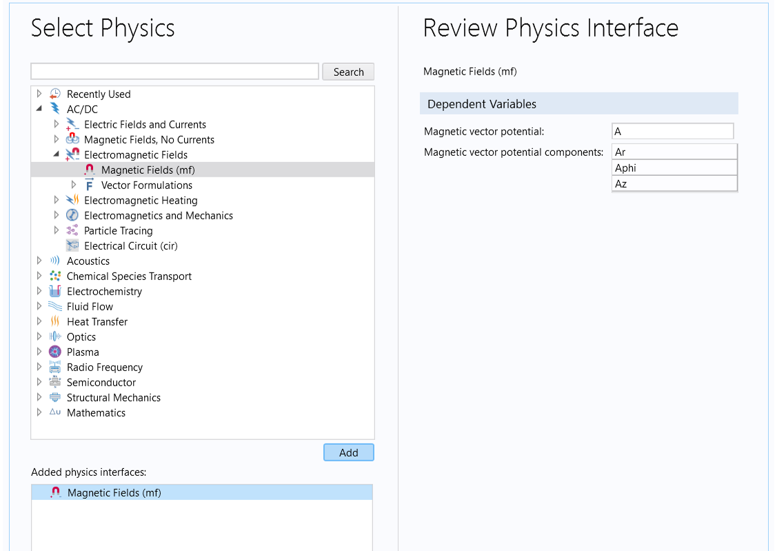 The Select Physics window with the Magnetic Fields interface selected and the Review Physics Interface window.