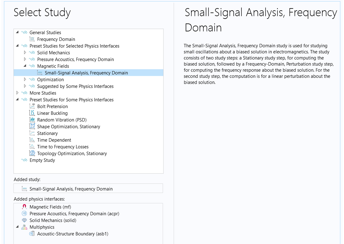 The Select Study window with the Small-Signal Analysis, Frequency Domain study selected and a corresponding window offering a description of the study’s use.