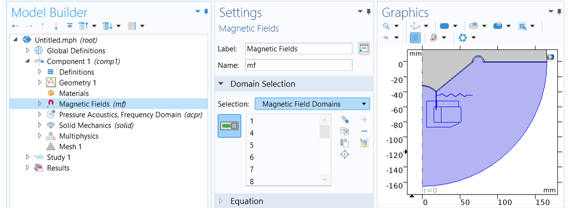 The Model Builder with the Magnetic Fields interface selected, the Settings window with the Magnetic Field Domains option selected, and the Graphics window showing a close-up of the magnetic field domains highlighted in blue.