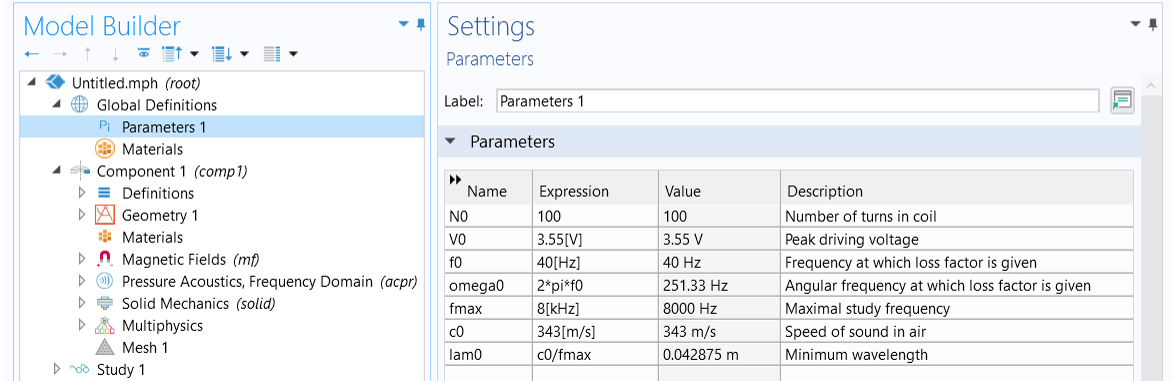 The Model Builder with the Parameters feature selected and the Settings window showing the Parameters table.