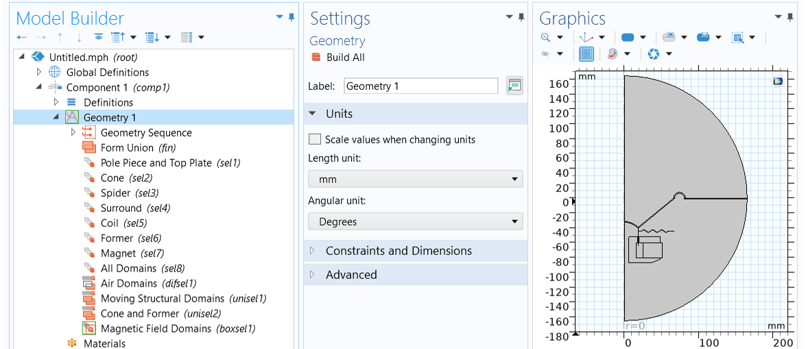 The COMSOL Multiphysics UI with the Geometry option selected, the corresponding Settings window, and the Graphics window showing the 2D geometry.