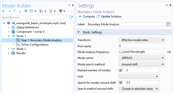 A screenshot of the Settings window for a boundary mode analysis, with the Port name, Mode analysis frequency, Desired number of modes, and Search for modes around options in the Study Settings section highlighted.
