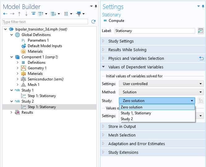 The COMSOL Multiphysics UI showing the Model Builder with the Stationary study step selected and the corresponding Settings window with the Zero solution option selected.