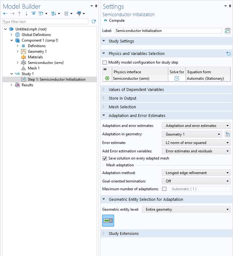 The COMSOL Multiphysics UI showing the Model Builder with the Semiconductor Initialization study step selected and the corresponding Settings window showing the settings for the error estimate, adaptation method, and more.