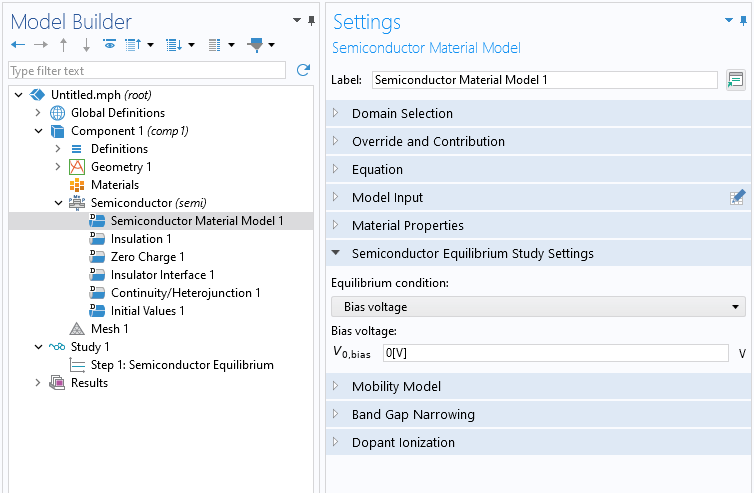 The Model Builder with the Semiconductor Material Model node selected and the corresponding Settings window with the Semiconductor Equilibrium Study Settings section expanded, with the Bias voltage option selected for the equilibrium condition.
