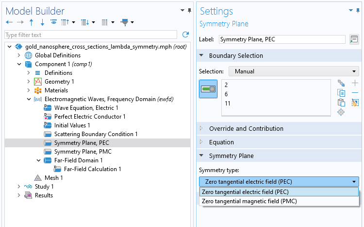 The Model Builder with the Symmetry Plane node for the PEC boundaries highlighted and the corresponding Settings window.