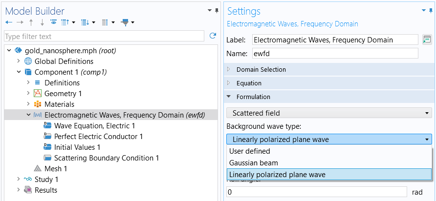 The Settings window for the Electromagnetic Waves, Frequency Domain interface with the Background wave type list highlighted.