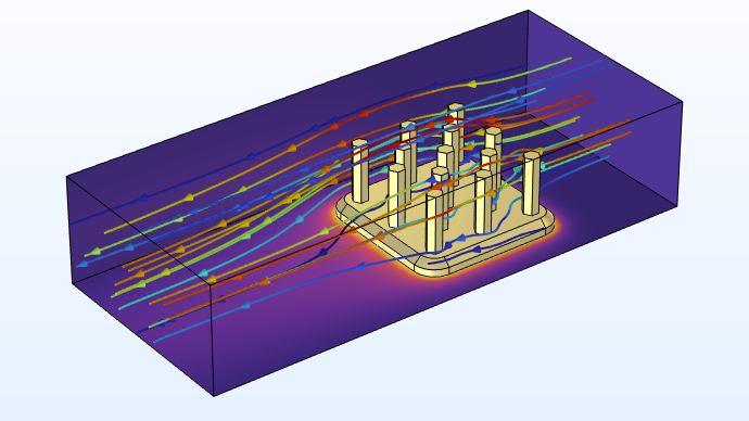 The heat sink model displaying a color range from purple to gold for the temperature results of the airbox and heat sink, with several rainbow-colored arrows aligned along the channel display results for the velocity magnitude of the airflow.