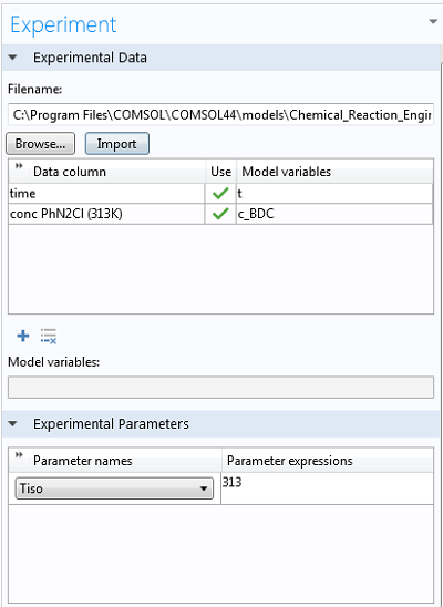 Importing experimental data in Experiment settings window