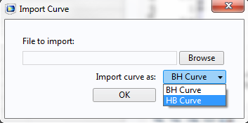 屏幕截图描述了将一个曲线导入作为B-H 曲线或者一个H-B 曲线的选项。